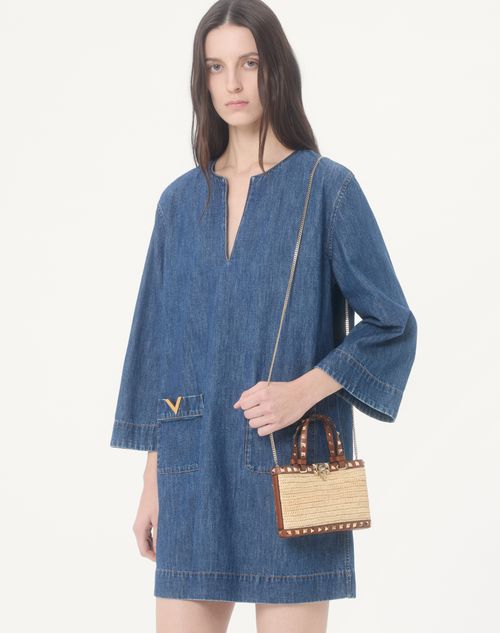 Valentino Garavani - Mini Rockstud Shopping Bag In Raffia - Natural/saddle Brown - Woman - Totes